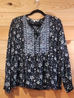 Lucky Brand Black Floral Tunic with Blue & White Accents